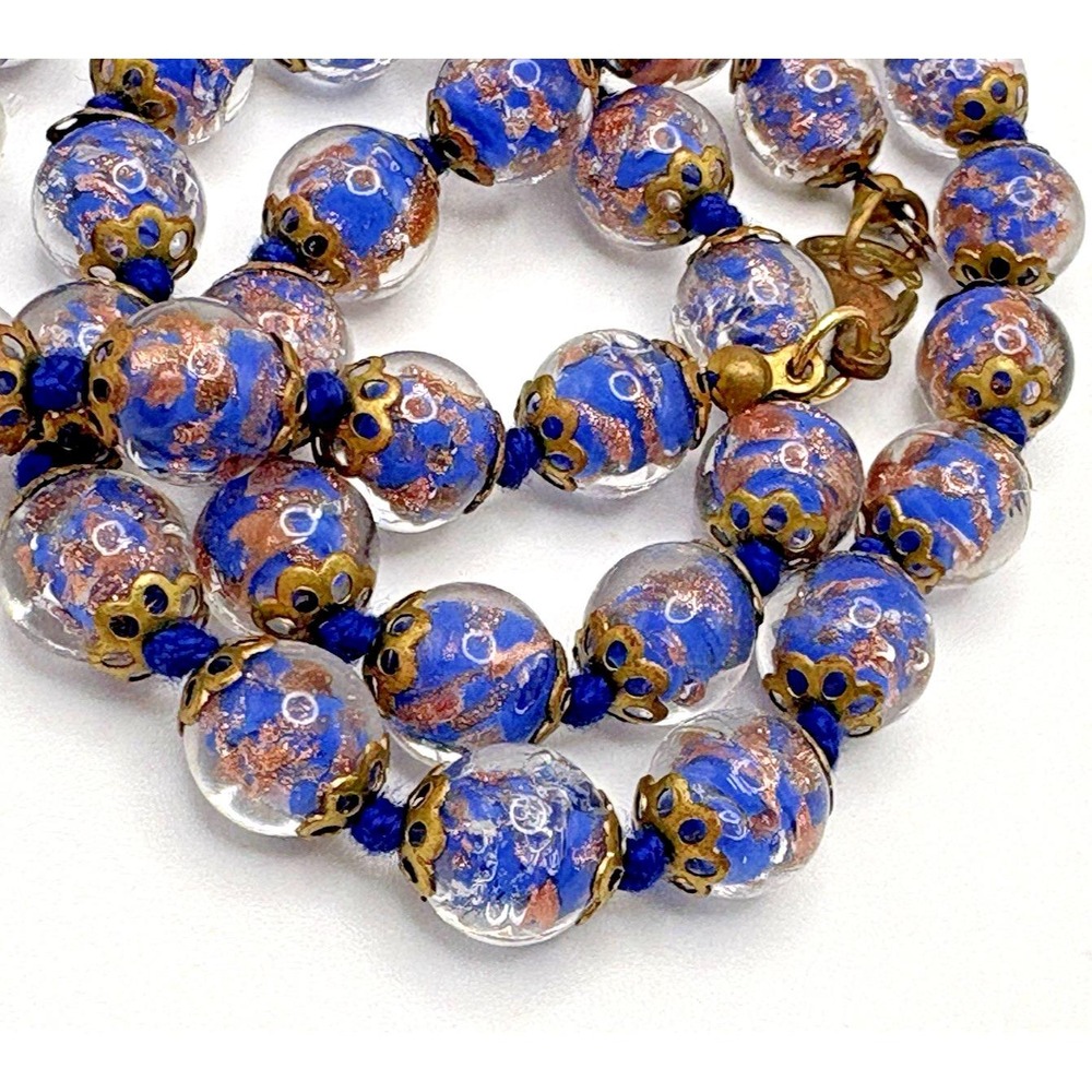 Vintage Murano Glass Necklace Sommerso Foiled Bright Blue Hand Knotted STUNNING